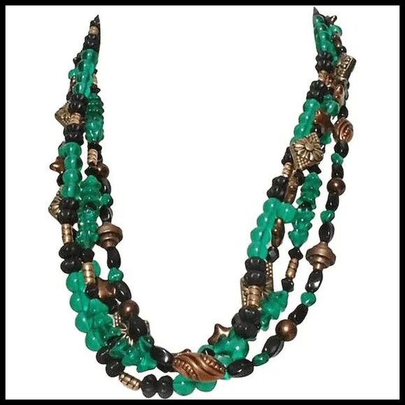 Vintage Emerald Green Glass & Copper Multi Strand Bead Necklace, OOAK - Picture 5 of 10